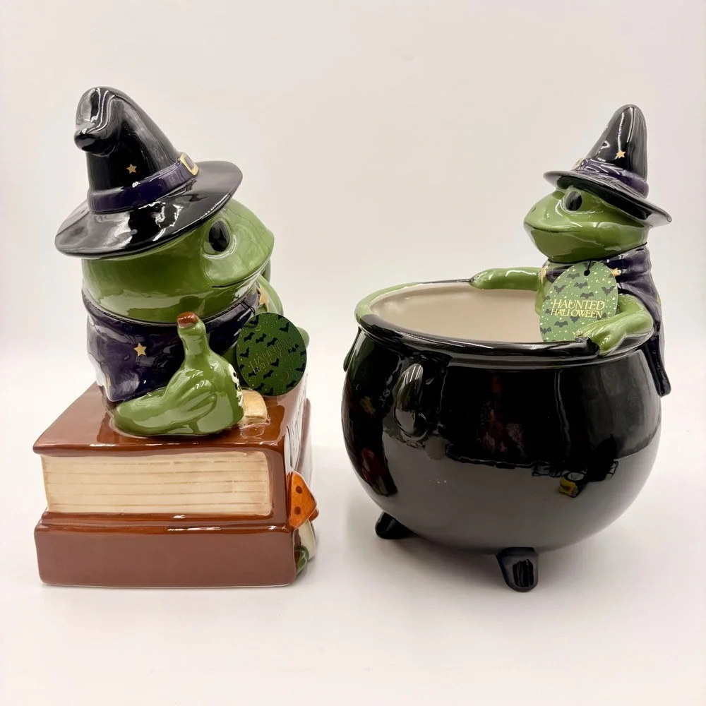 Haunted Halloween Ceramic Witch Frog Cookie Jar and Cauldron Candy Dish Set NEW